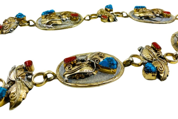 Silver Concho Belt Vintage 12k Gold Coral Turquoise