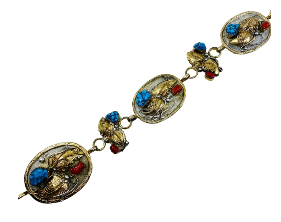 Silver Concho Belt Vintage 12k Gold Coral Turquoise