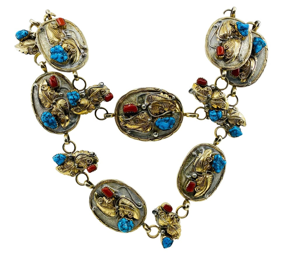 Silver Concho Belt Vintage 12k Gold Coral Turquoise