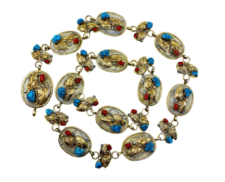 Silver Concho Belt Vintage 12k Gold Coral Turquoise