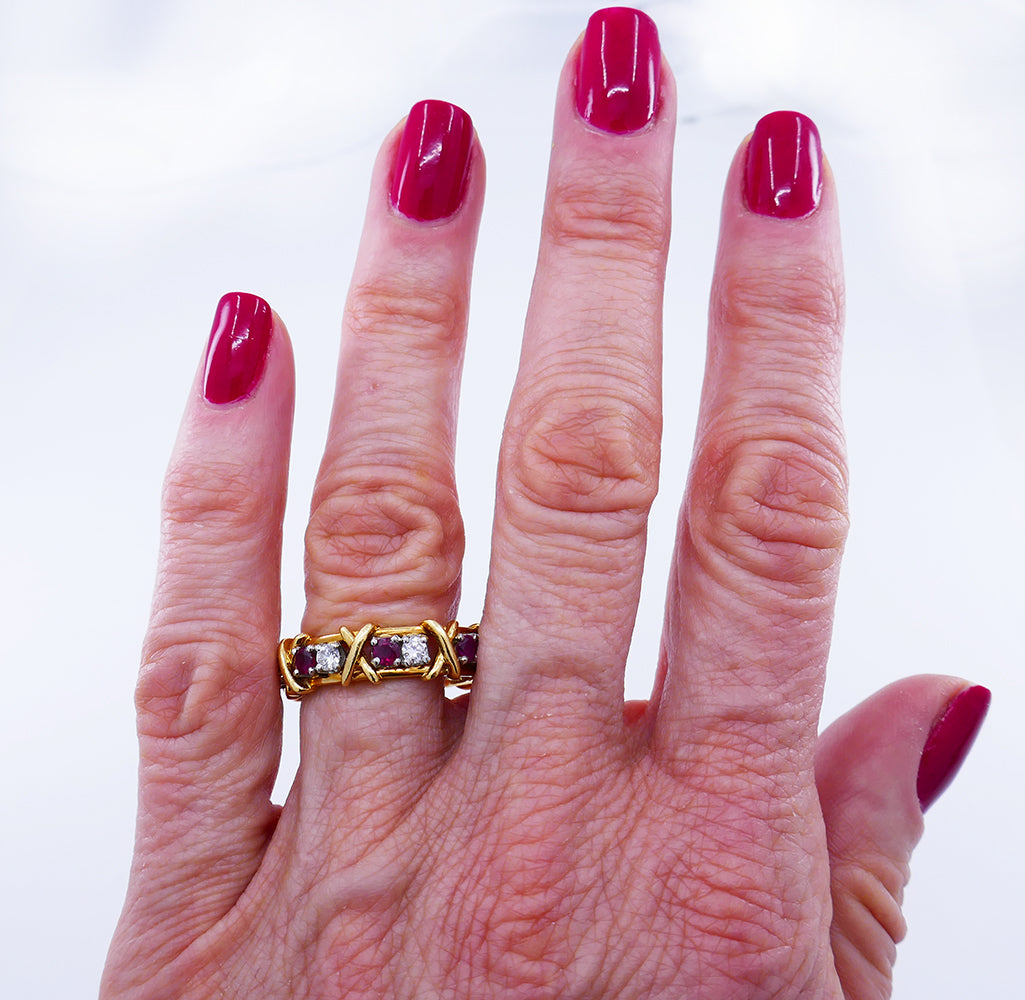 Tiffany & Co. Schlumberger Sixteen Stone Ring 18k Gold Ruby