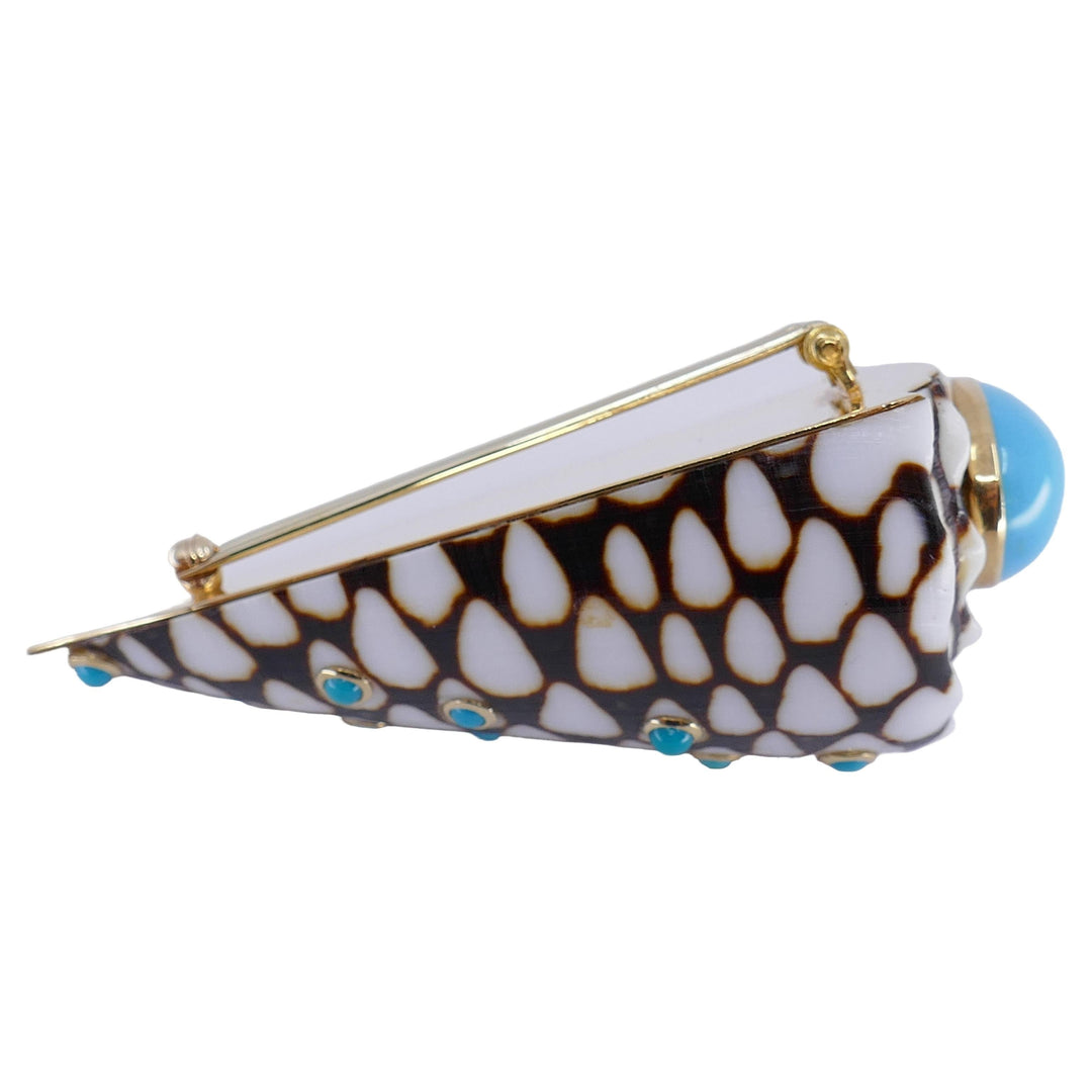 Trianon Shell Brooch 14k Gold Cabochon Turquoise