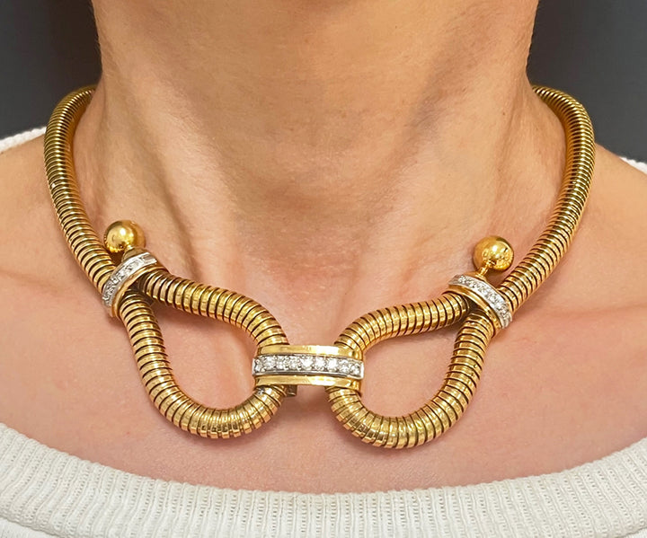 Tubogas 18k Gold Diamond Necklace Retro French Vintage