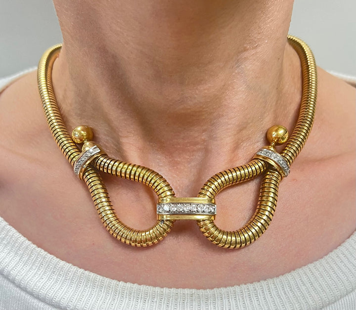 Tubogas 18k Gold Diamond Necklace Retro French Vintage
