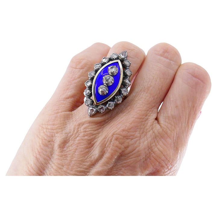 Victorian Ring Silver 18k Gold Enamel Diamond Antique Jewel