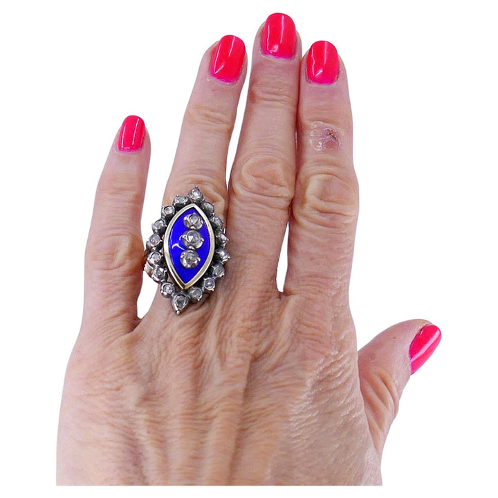 Victorian Ring Silver 18k Gold Enamel Diamond Antique Jewel