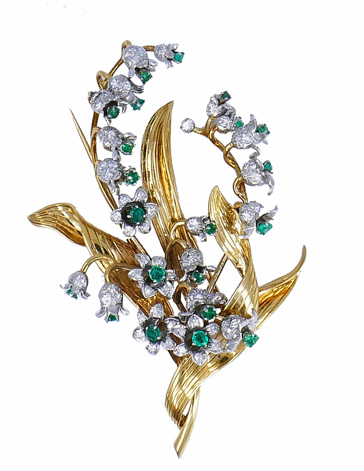 Vintage Brooch 14k Gold Emerald Diamond Pin Estate Jewelry
