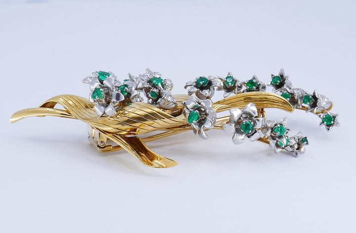 Vintage Brooch 14k Gold Emerald Diamond Pin Estate Jewelry