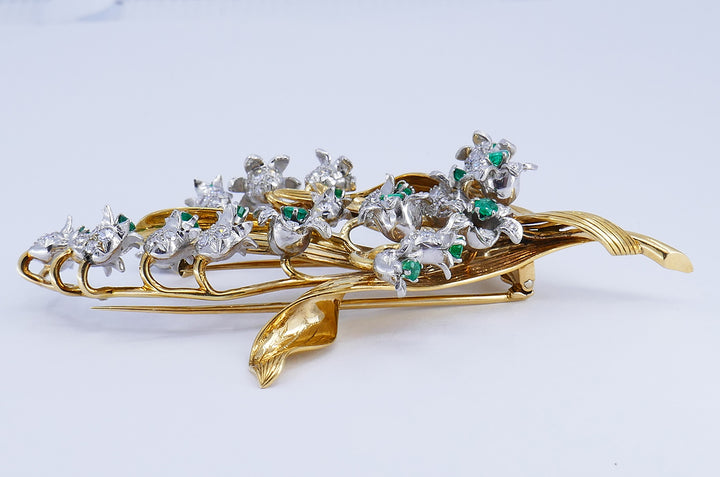 Vintage Brooch 14k Gold Emerald Diamond Pin Estate Jewelry
