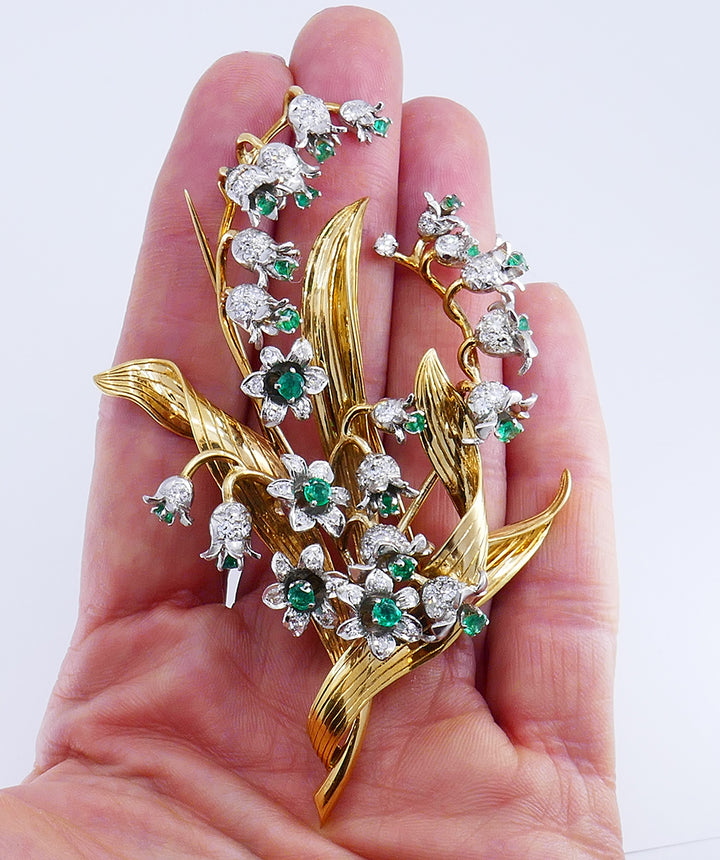Vintage Brooch 14k Gold Emerald Diamond Pin Estate Jewelry