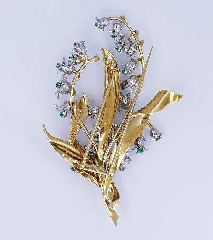 Vintage Brooch 14k Gold Emerald Diamond Pin Estate Jewelry