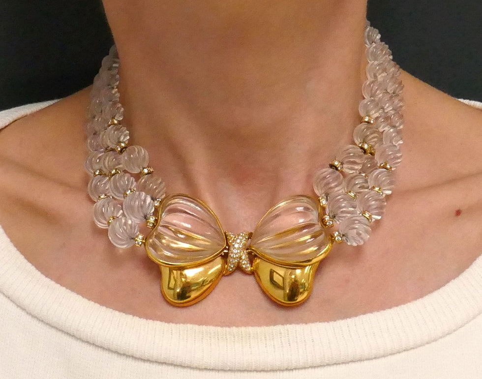 Vintage Boucheron Rock Crystal Gold Butterfly Necklace