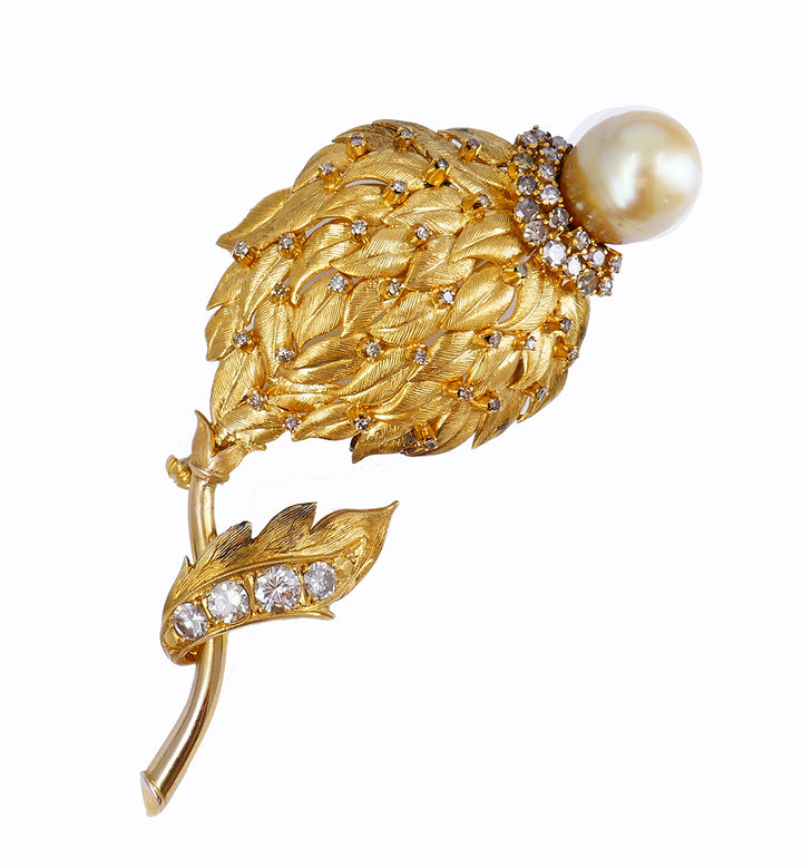 Vintage Brooch 14k Gold Pearl Diamond Pin Estate Jewelry