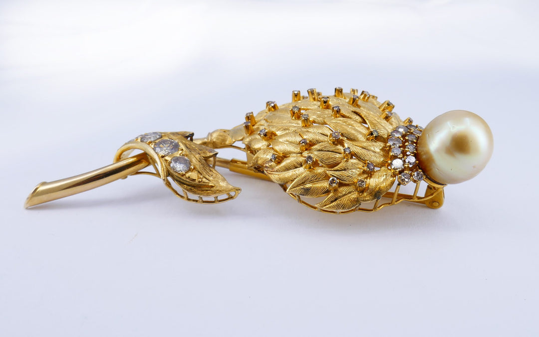 Vintage Brooch 14k Gold Pearl Diamond Pin Estate Jewelry