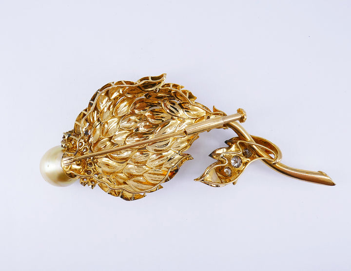 Vintage Brooch 14k Gold Pearl Diamond Pin Estate Jewelry
