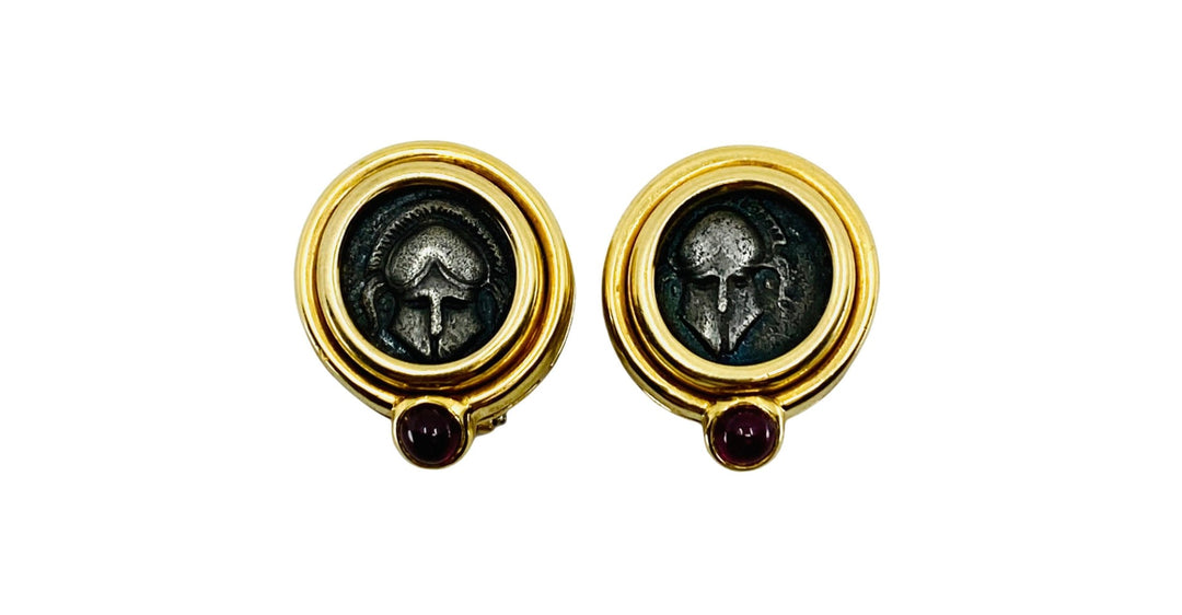 Vintage Bulgari Earrings Monete Ancient Coins Gold Ruby