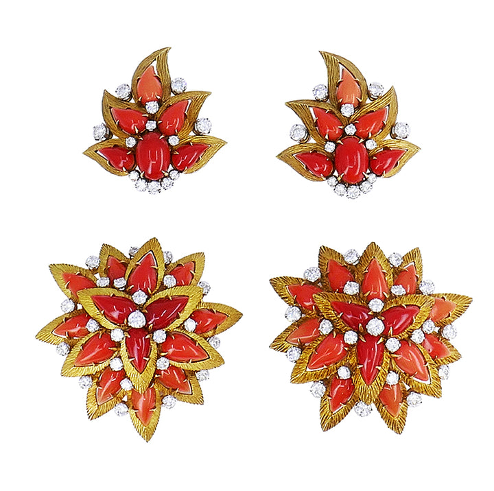 Vintage Bulgari Gold Platinum Earrings and Clip Brooches Set