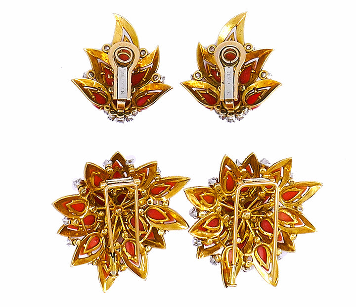 Vintage Bulgari Gold Platinum Earrings and Clip Brooches Set