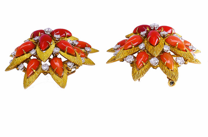 Vintage Bulgari Gold Platinum Earrings and Clip Brooches Set