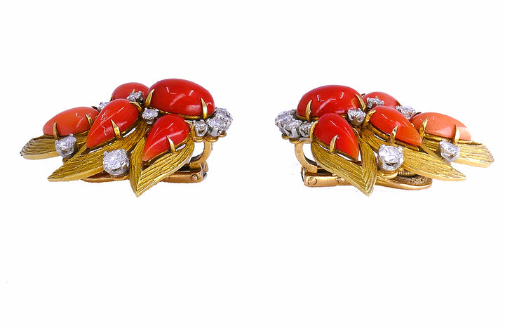 Vintage Bulgari Gold Platinum Earrings and Clip Brooches Set
