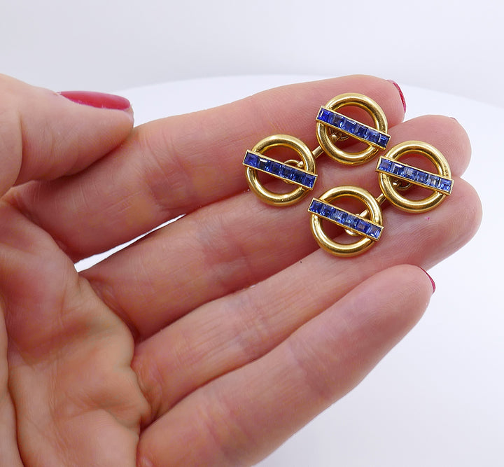 Vintage Cartier Cufflinks 18k Gold Sapphire Estate Jewelry