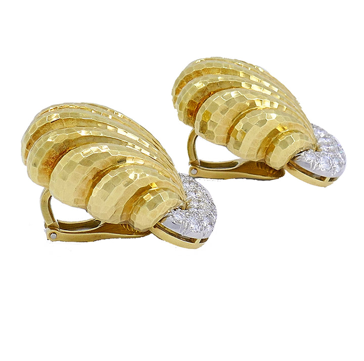 Vintage David Webb Shell Earrings 18k Gold Platinum Diamond
