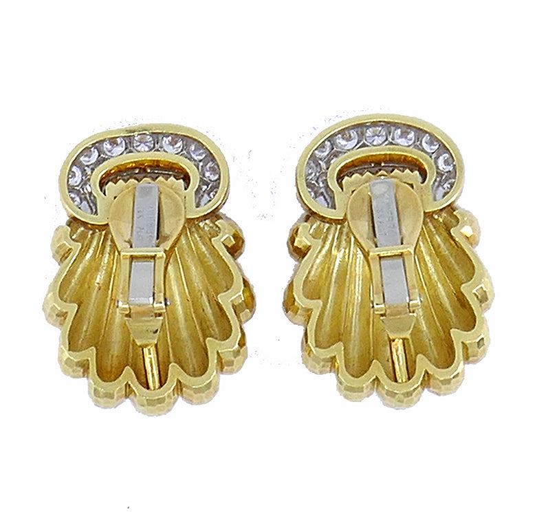 Vintage David Webb Shell Earrings 18k Gold Platinum Diamond