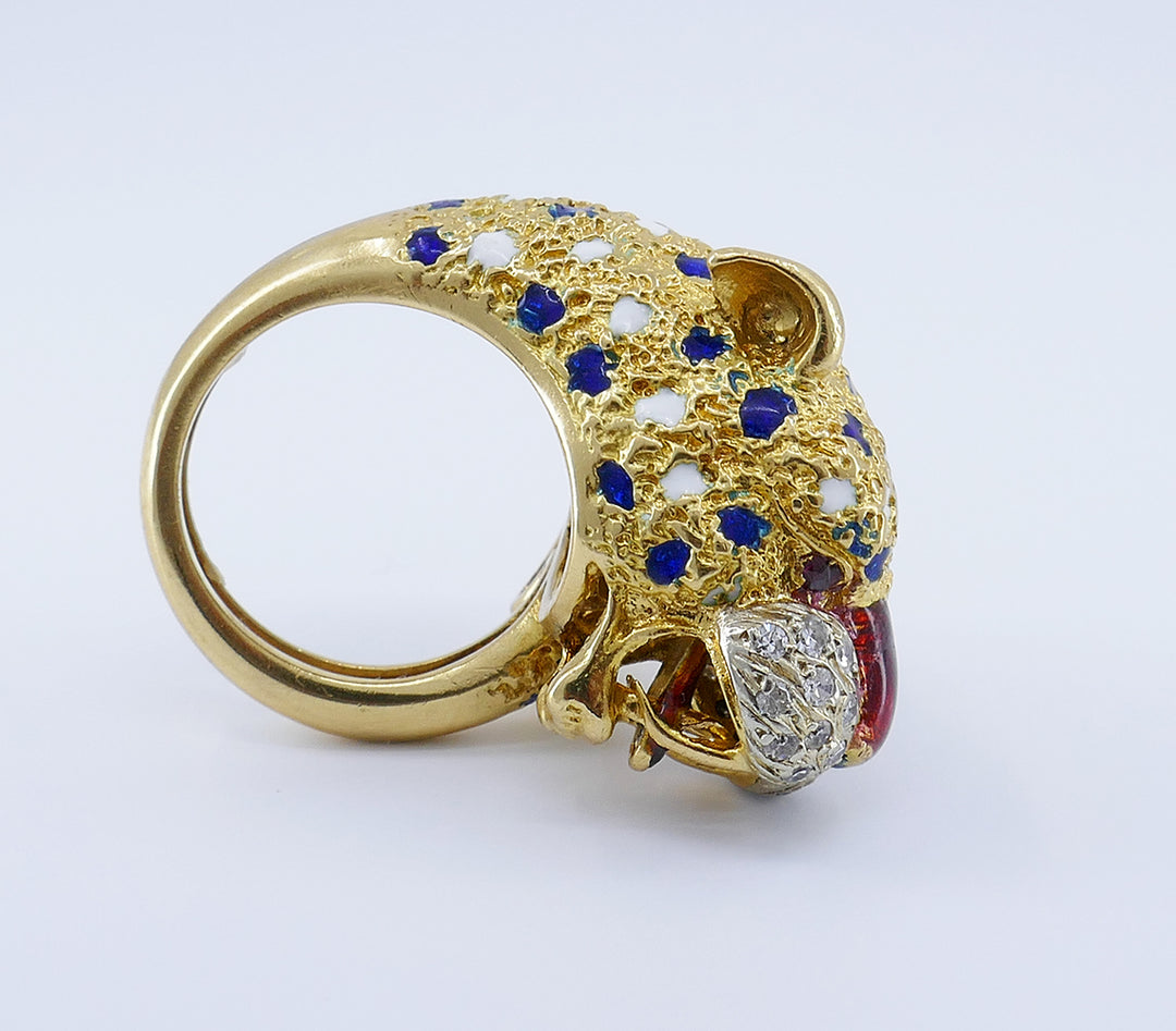 Vintage Frascarolo Ring 18k Gold Enamel Animalist Jewelry
