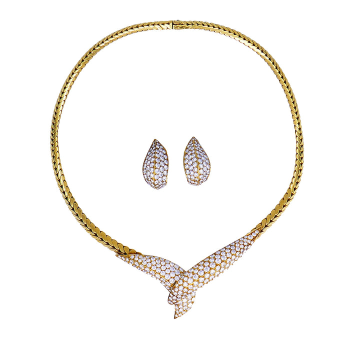 Vintage Fred Paris Necklace Earrings Set 18k Gold Diamond