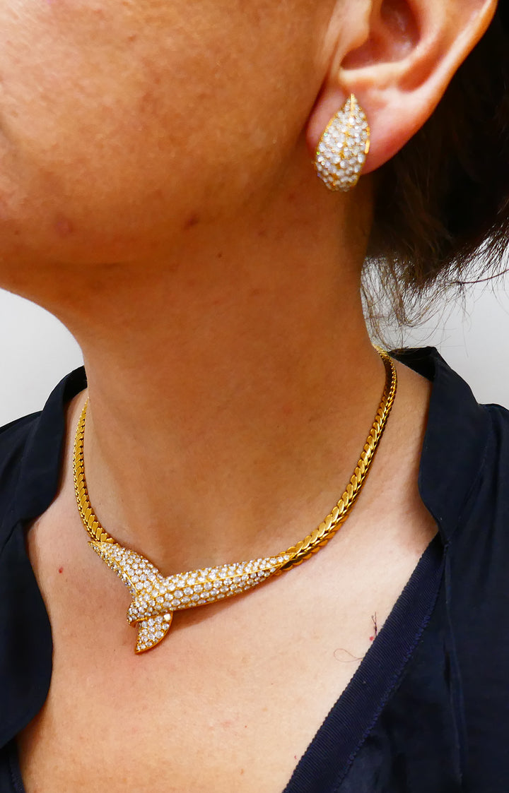 Vintage Fred Paris Necklace Earrings Set 18k Gold Diamond