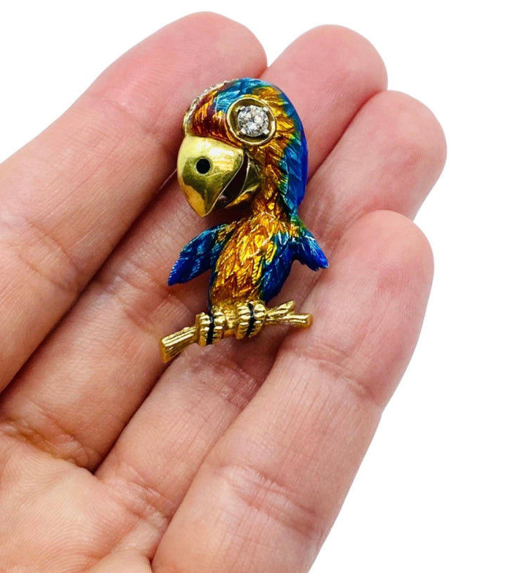 Vintage Parrot Brooch 14k Gold Diamond Enamel