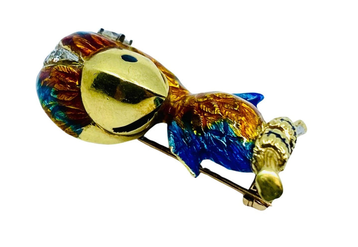 Vintage Parrot Brooch 14k Gold Diamond Enamel