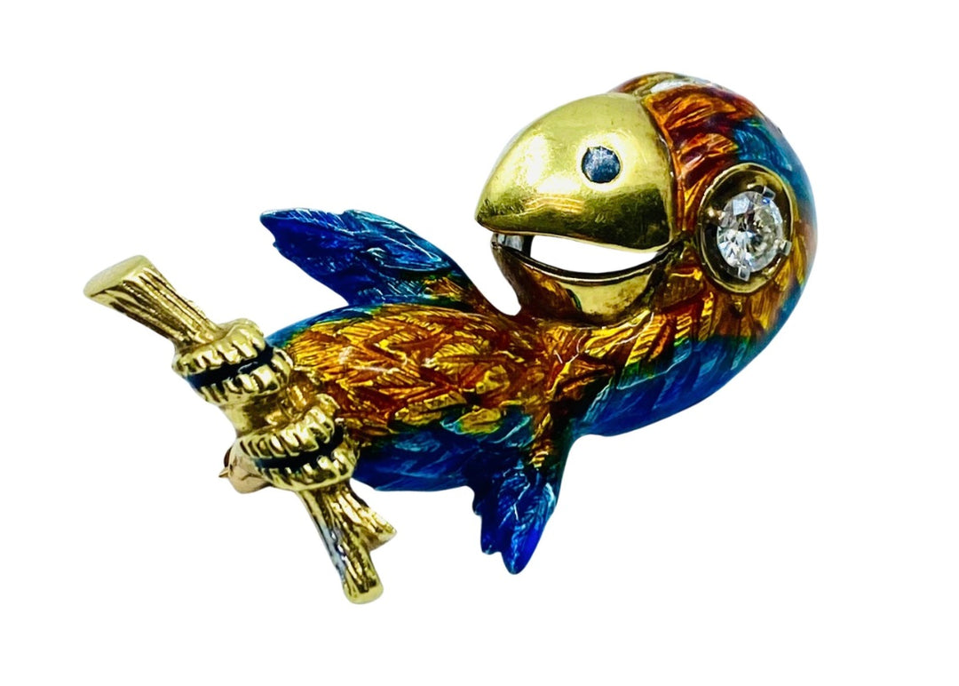 Vintage Parrot Brooch 14k Gold Diamond Enamel