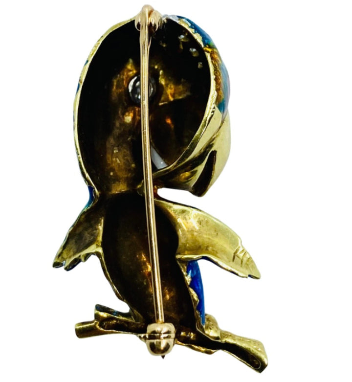 Vintage Parrot Brooch 14k Gold Diamond Enamel