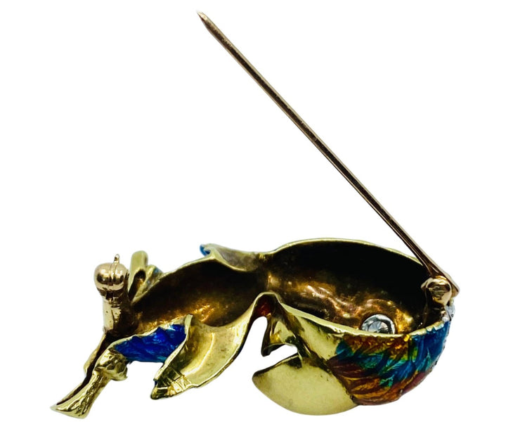 Vintage Parrot Brooch 14k Gold Diamond Enamel