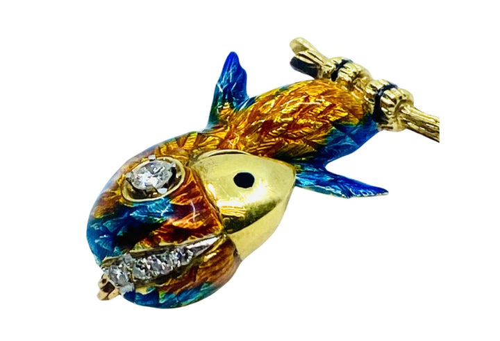 Vintage Parrot Brooch 14k Gold Diamond Enamel