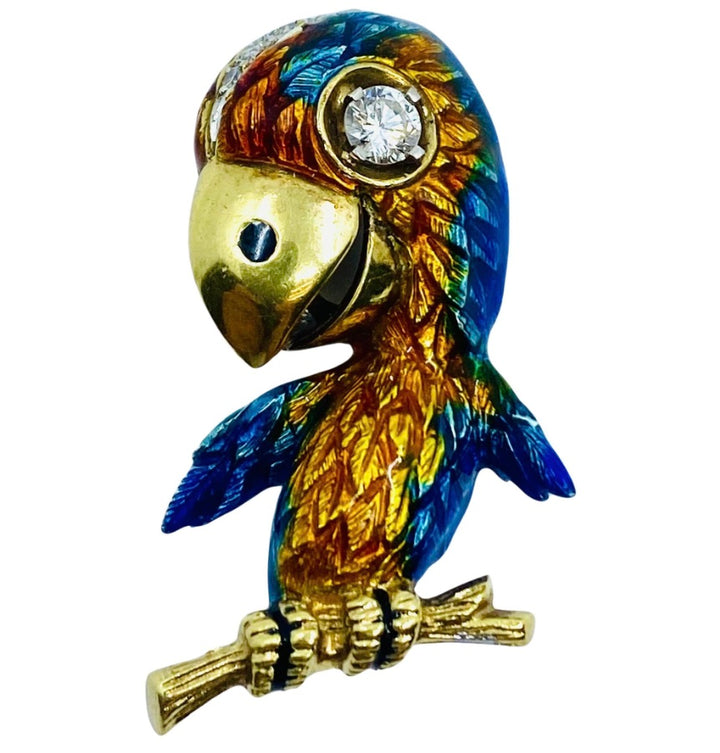 Vintage Parrot Brooch 14k Gold Diamond Enamel