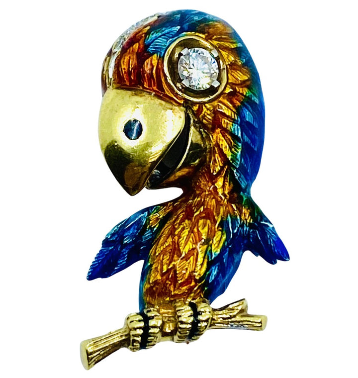 Vintage Parrot Brooch 14k Gold Diamond Enamel