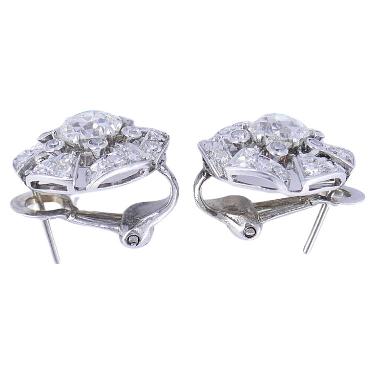 Vintage Platinum Diamond Earrings GIA Cluster Estate Jewelry