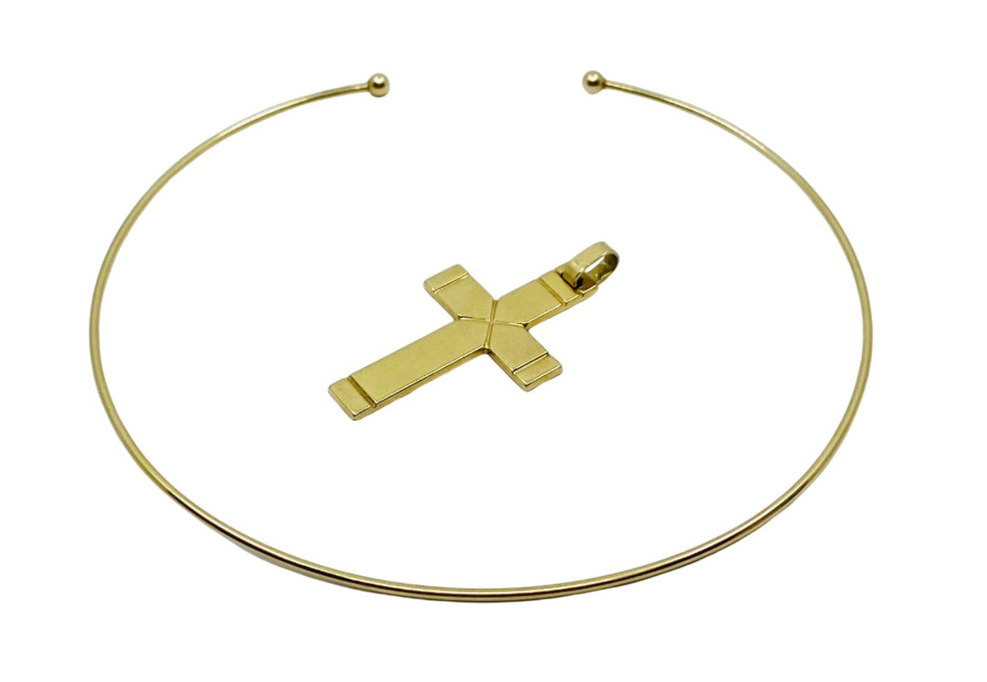 Wire Choker Necklace with Cross Pendant 14k Gold