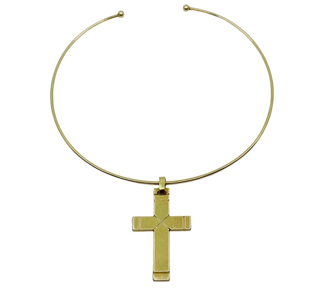 Wire Choker Necklace with Cross Pendant 14k Gold