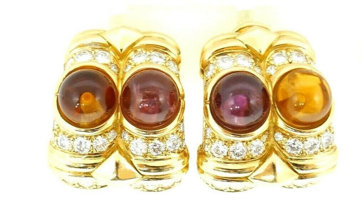 BVLGARI 18K Yellow Gold Diamond Citrine Pink Tourmaline Huggie Earrings