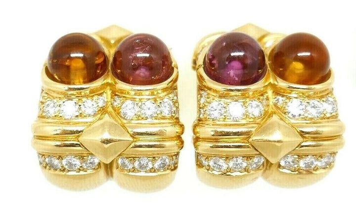 BVLGARI 18K Yellow Gold Diamond Citrine Pink Tourmaline Huggie Earrings