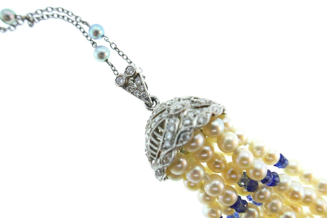 1950's Bohemian Platinum and Pearl Chain Necklace with Pearl Tassel