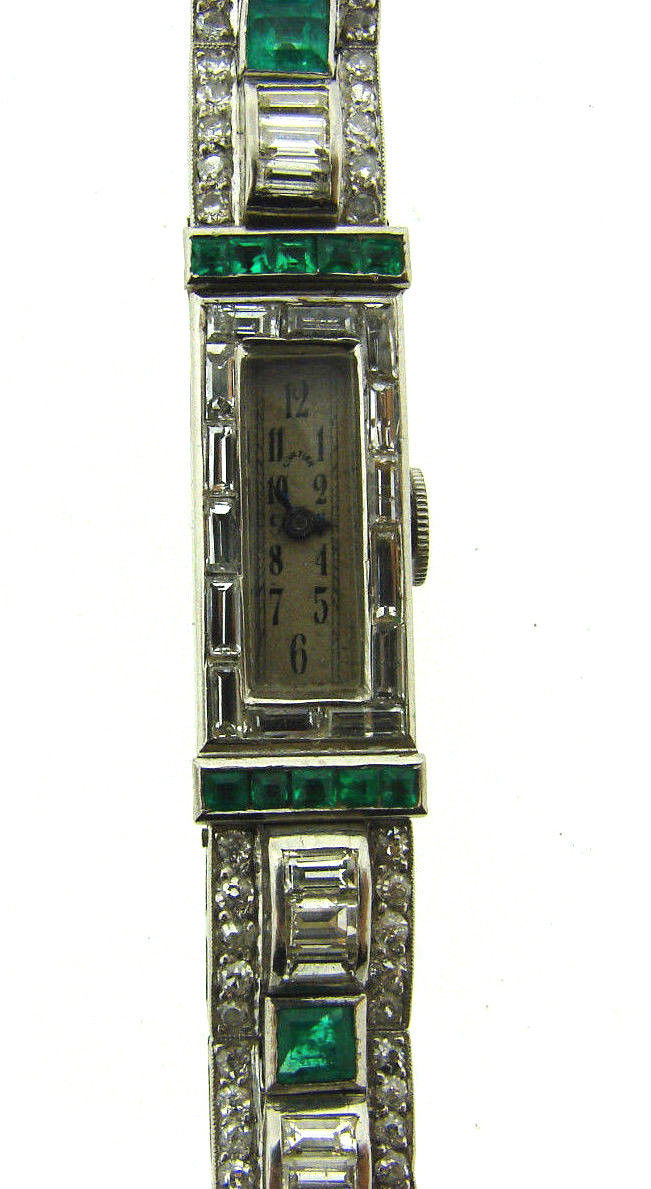 1920's Art Deco Platinum Diamond and Emerald Cartier Watch