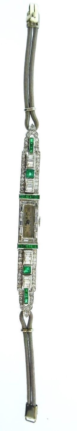 1920's Art Deco Platinum Diamond and Emerald Cartier Watch