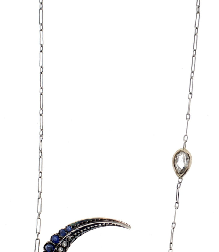 Antique Platinum, Diamond & Sapphire Crescent Necklace Circa 1900s