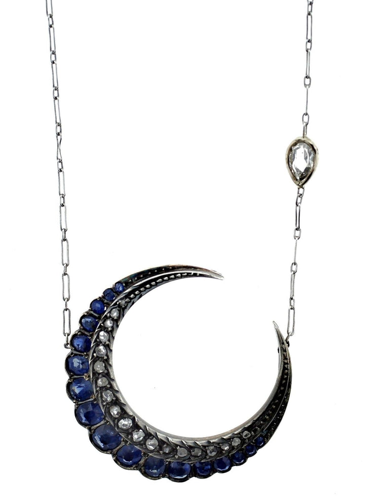 Antique Platinum, Diamond & Sapphire Crescent Necklace Circa 1900s