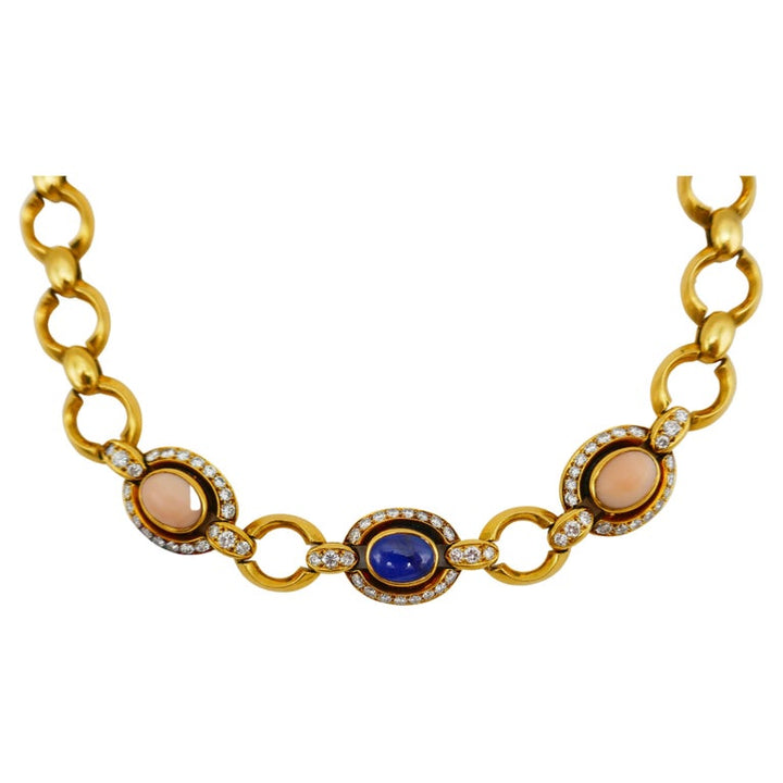 1960s Bulgari Bvlgari Coral Sapphire Diamond Gold Necklace