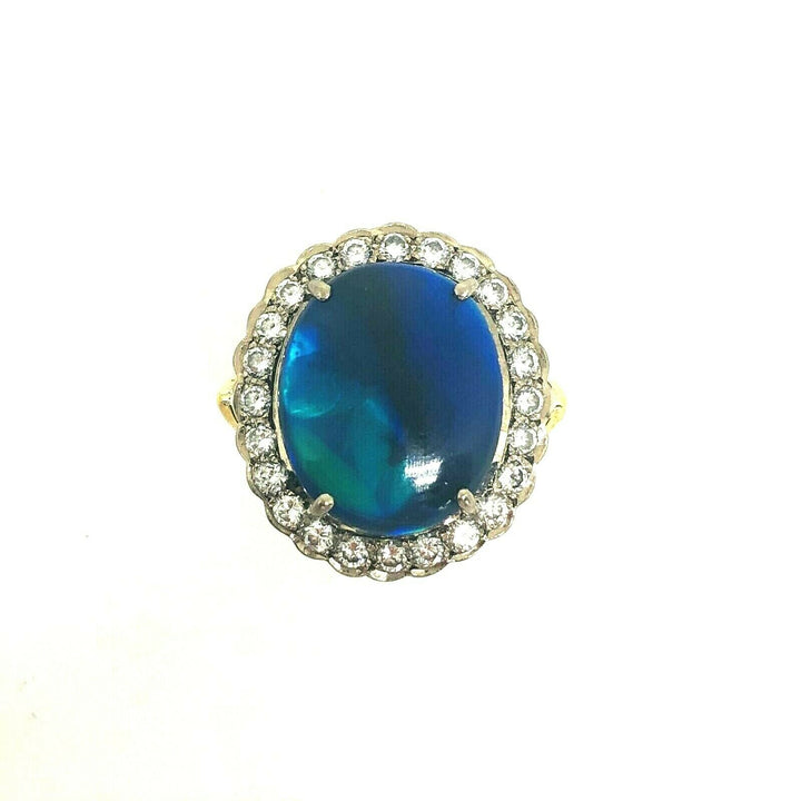 18K Yellow Gold Oval Cabochon Natural Black Opal and Diamond Ring